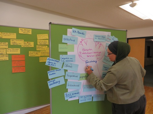 Die Referentin steht an einer Pinnwand und beschreibt ein Flipchart.