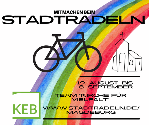 Grafik mit Regenbogen, Fahrrad und Kirche zur Bewerbung des Stadtradelns