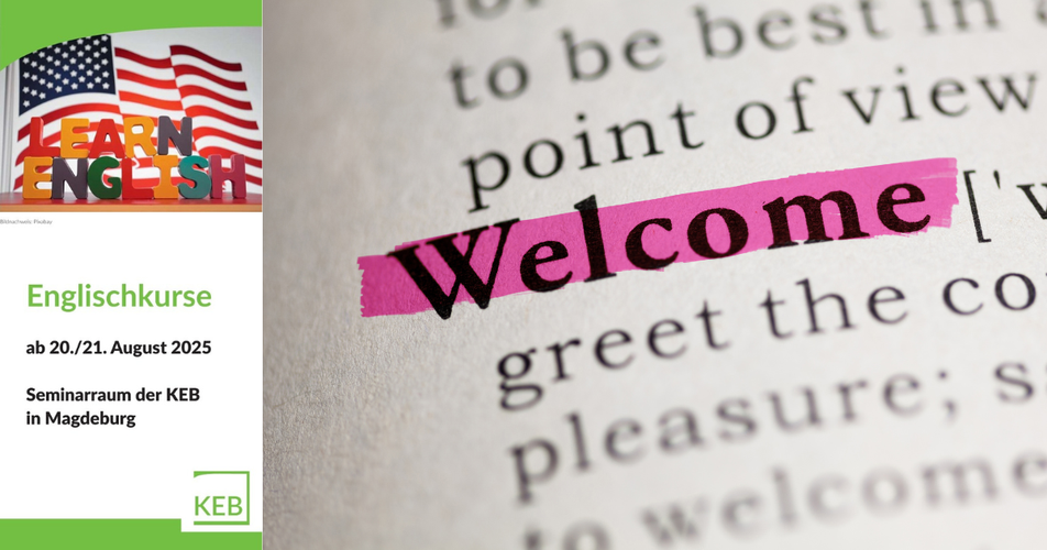 Grafik mit Titelbild des Kursflyers und Schriftzug "Welcome"